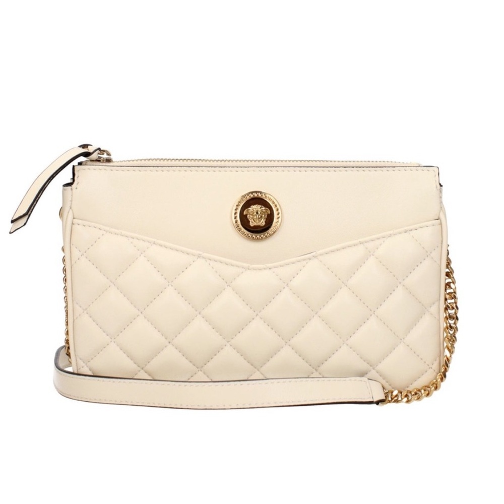 Versace Cream Quilted Leather Crossbody with Gold Medusa Emblem